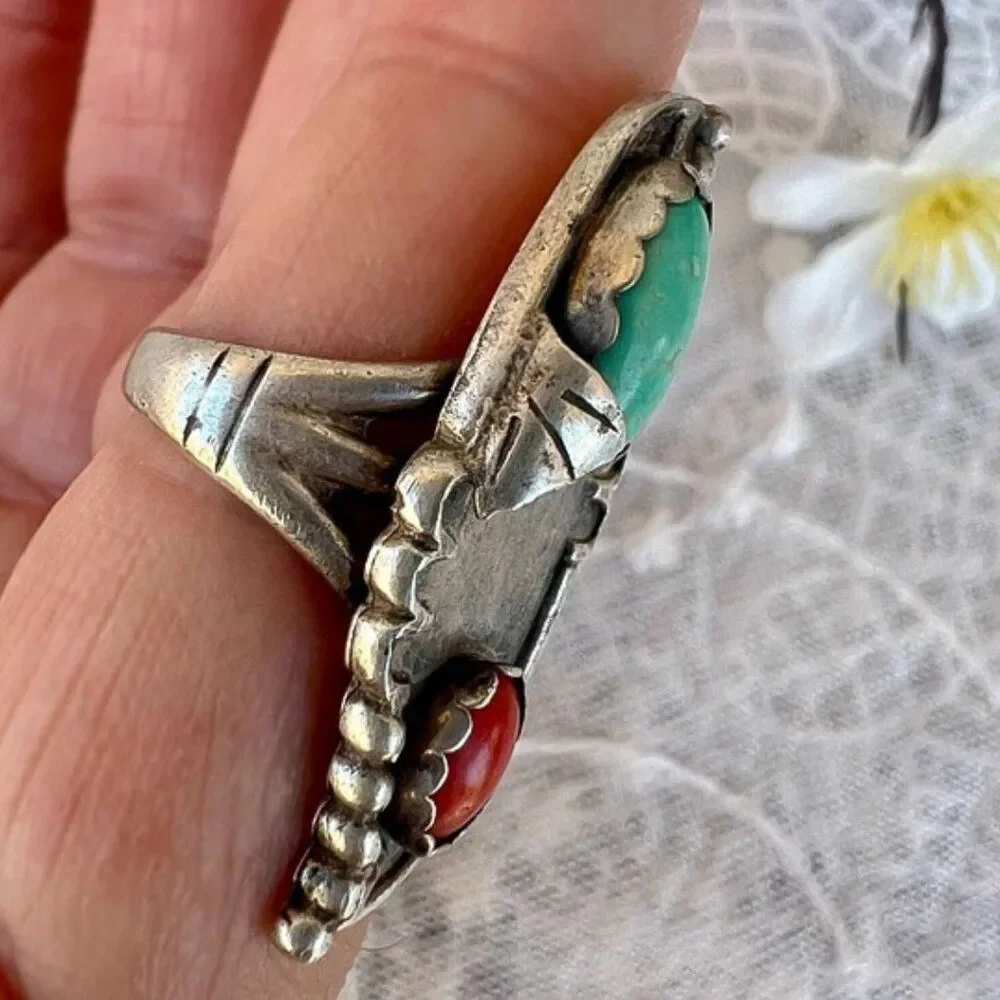 Vintage 60's/70’s Natural Turquoise & Coral Solid Sterling Ring